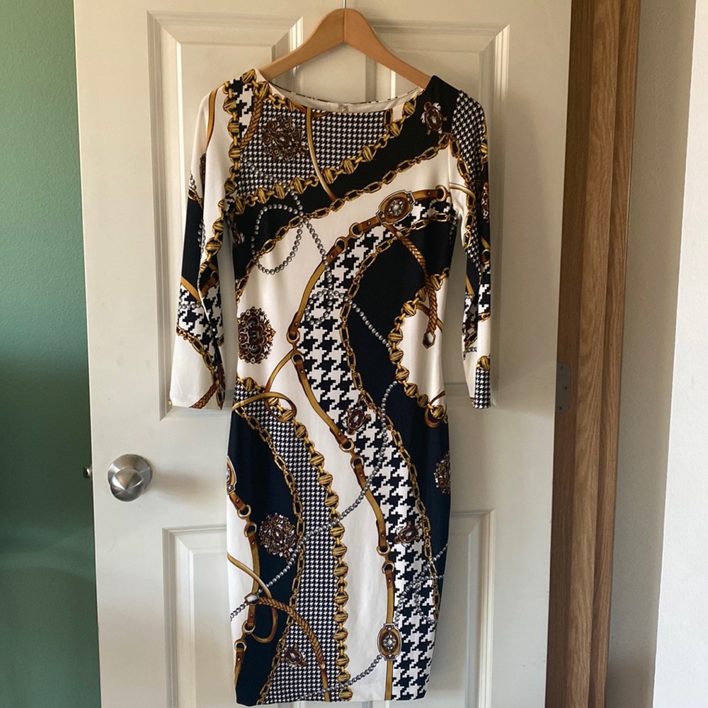 Cache equestrian/houndstooth knee length fitted midi dress.